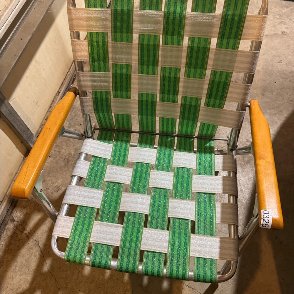 Vintage beach boho Green and Beige Woven Lawn Chair aluminum webbed